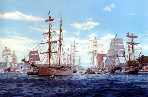 海上复古帆船队海报背景