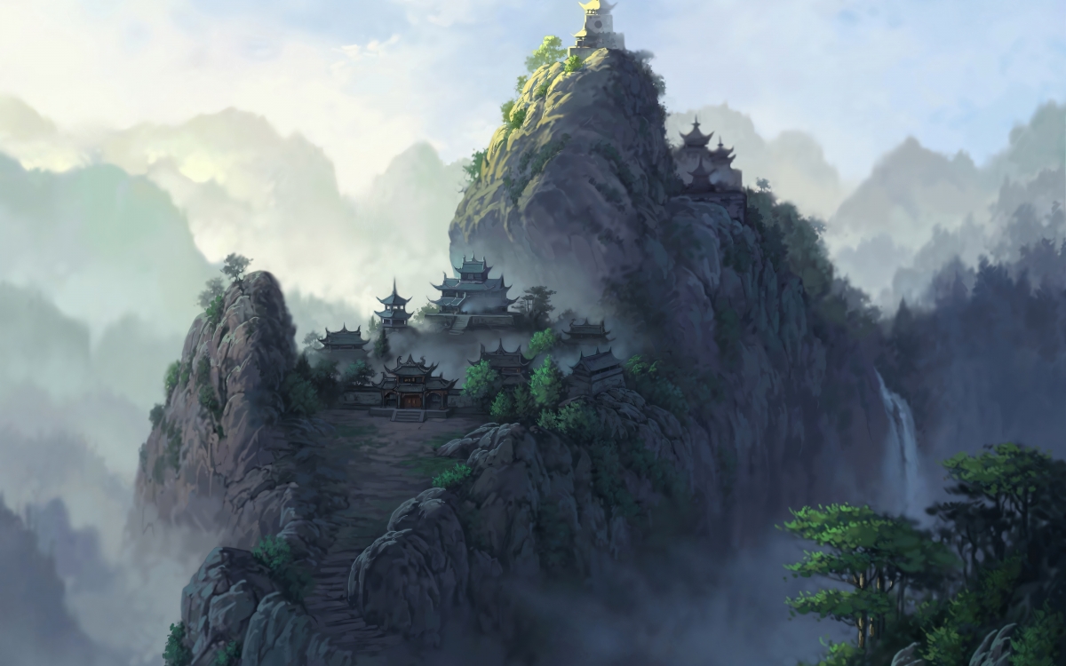 国风 绘画风景 山顶上的寺院 寺庙 山脉 瀑布 仙境 4k壁纸