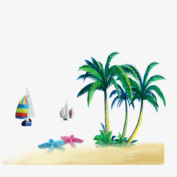 沙滩椰树帆船海星