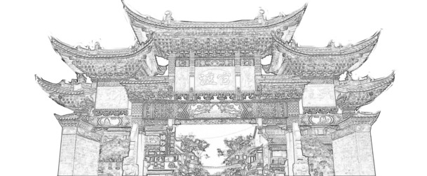 高清PNG官渡古镇线稿图，透明背景，精美底纹，设计素材免费下载