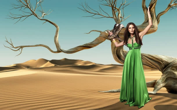 沙漠绿裙美女图片