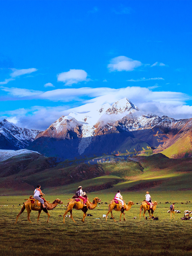 蓝天白云唯美新疆旅游海报背景素材