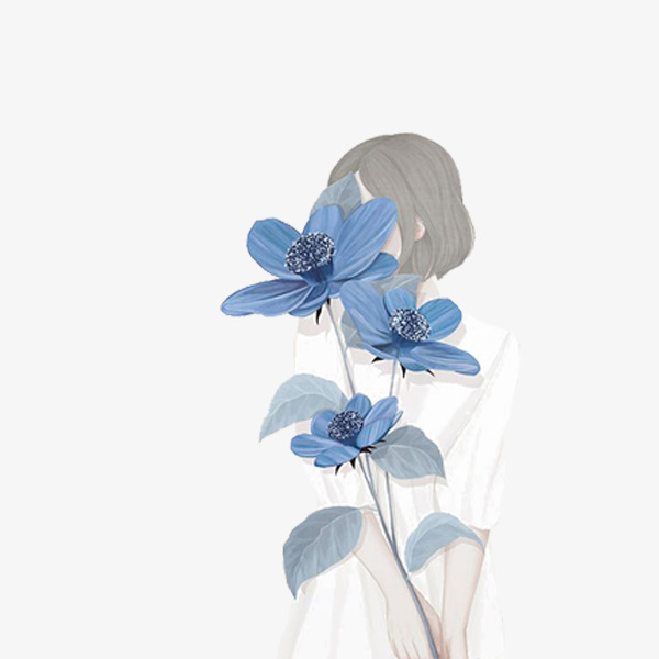 手拿蓝色鲜花的女人手绘插图