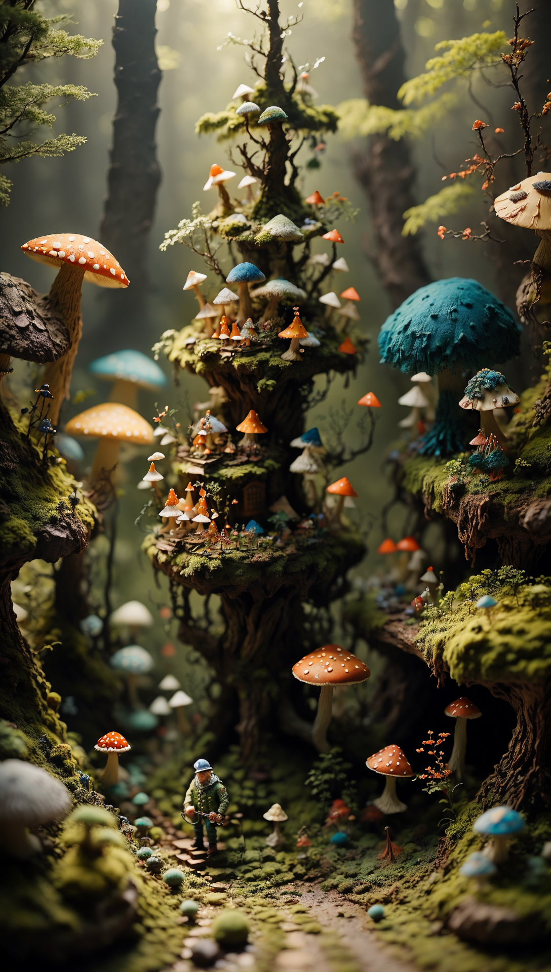 微缩摄影 写实 建筑物 空间场景 森林，蘑菇，侏儒 高质量 高清手机壁纸