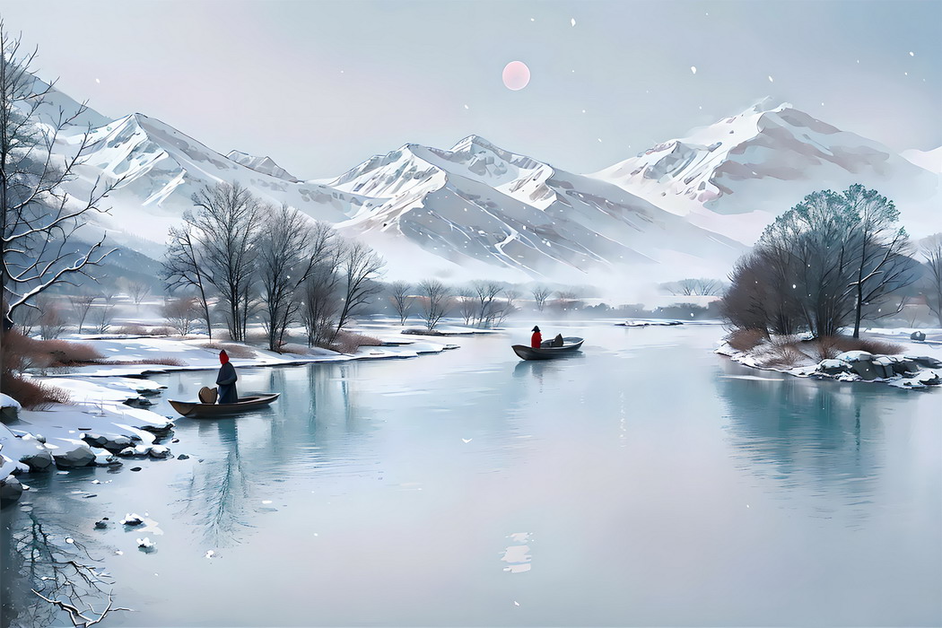 水墨雪景船行图，高清4K中国风景壁纸，山湖建筑美不胜收（4000x2667）免费下载