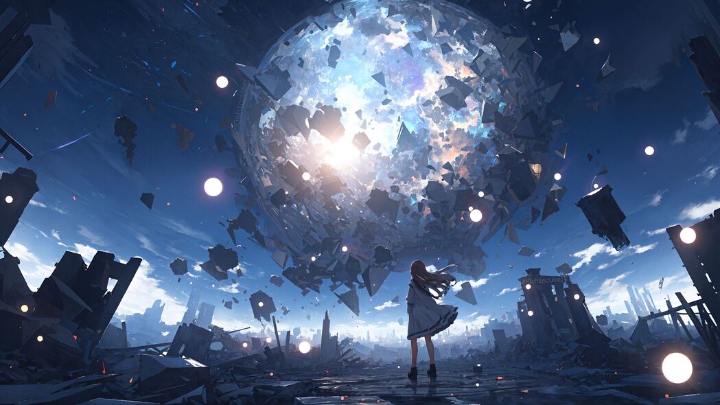 女孩 剪影 星球 爆炸 碎片 蓝色 动漫 4k壁纸 3840x2160