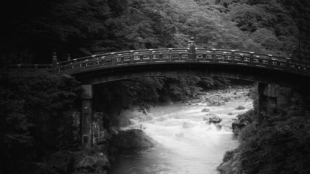 桥梁 河流 树木 石头 黑白 4k壁纸 3840x2160