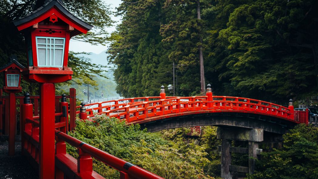 桥 红色 灯光 森林 日本 4k壁纸 3840x2160