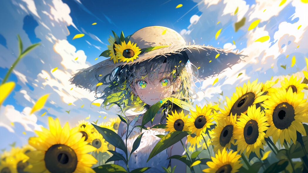 女孩 帽子 向日葵 花 花瓣 动漫 4k壁纸 3840x2160