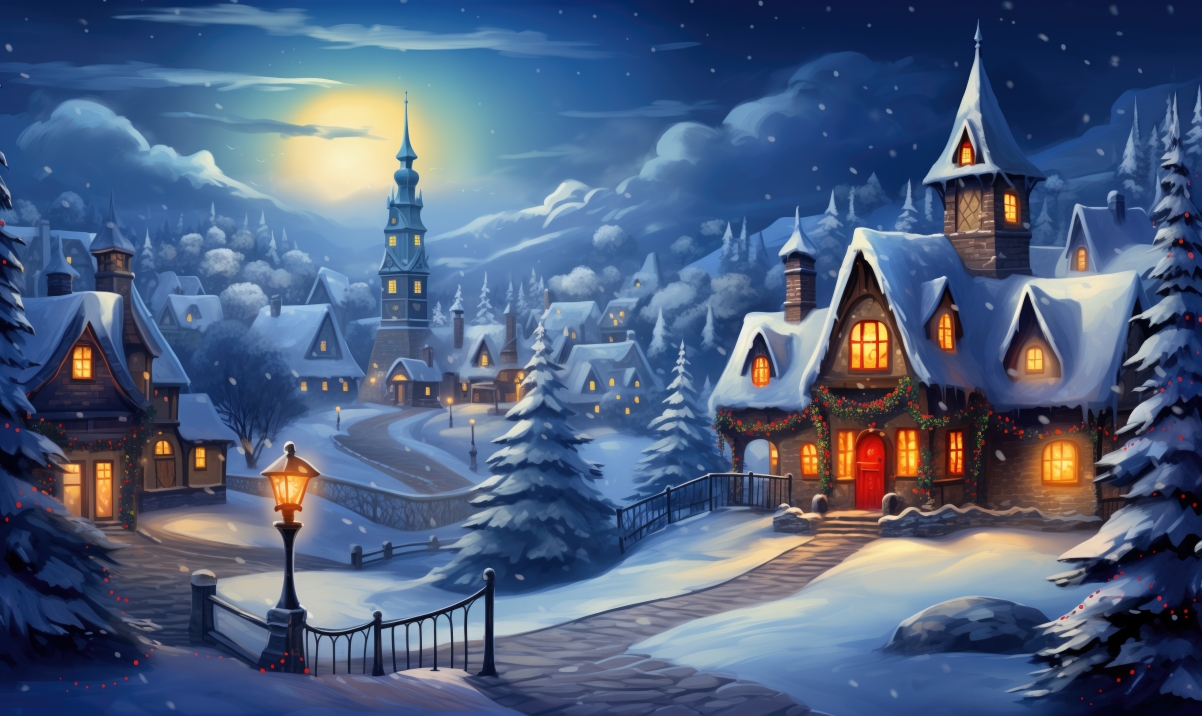 童话故事 圣诞节 村庄 风景 雪景 5K壁纸图片
