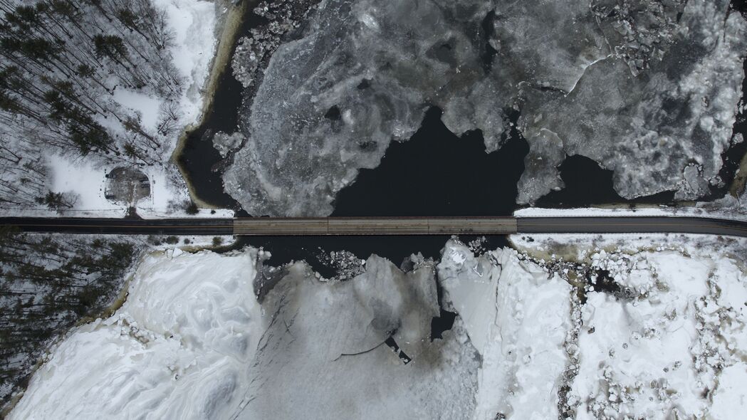 路 桥 河 冰 雪 冬天 鸟瞰 4k壁纸 3840x2160