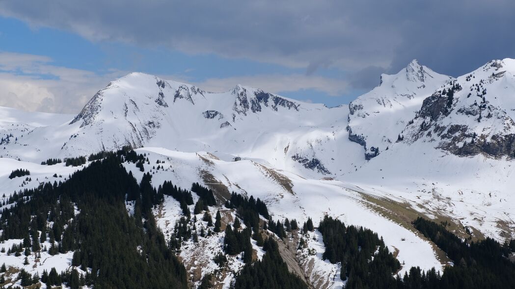 绝美山脉雪景4K高清壁纸，斜坡树木如画，3840x2160分辨率下载