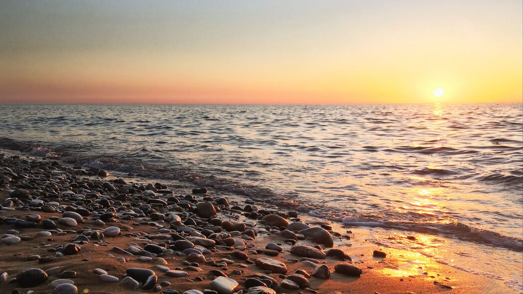 海岸 鹅卵石 石头 大海 自然 日落 4k壁纸 3840x2160