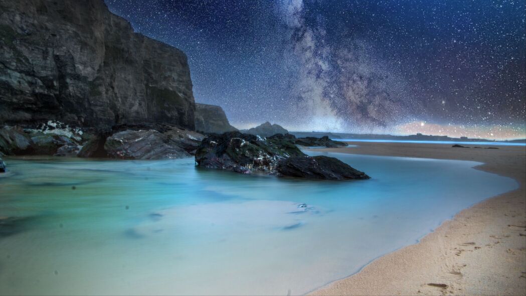 海岸 大海 岩石 银河 沙子 夜间 4k壁纸 3840x2160