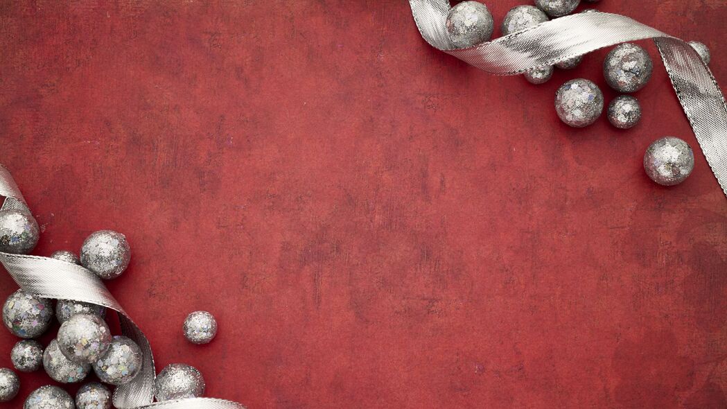 球 丝带 背景 新年 红色 银色 4k壁纸 3840x2160