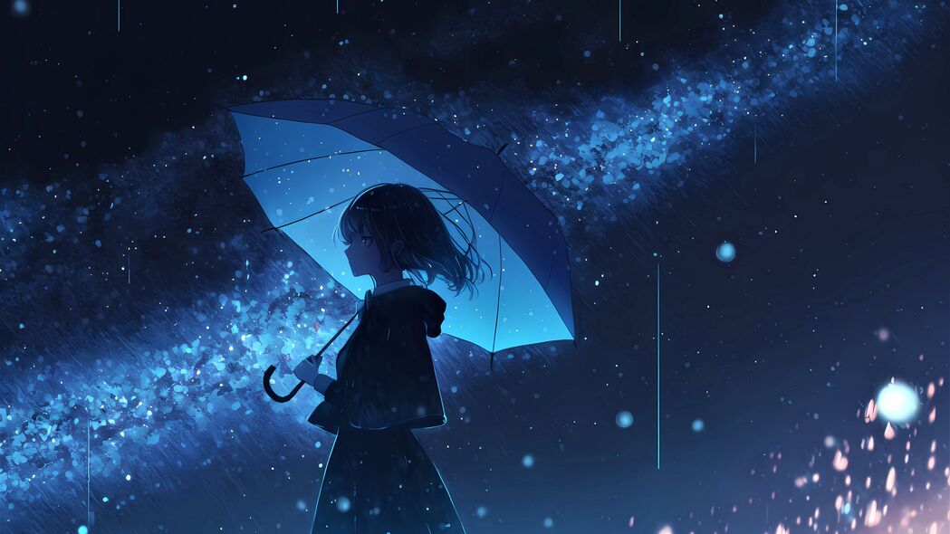 女孩 雨伞 雨 动漫 蓝色 4k壁纸 3840x2160