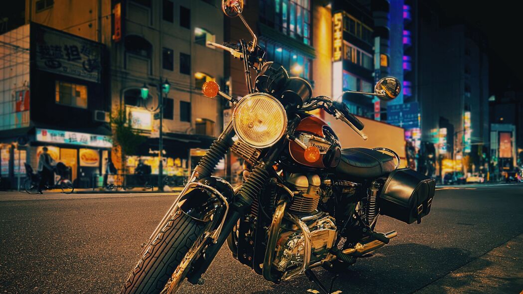 摩托车 自行车 街道 建筑物 灯光 夜间 4k壁纸 3840x2160