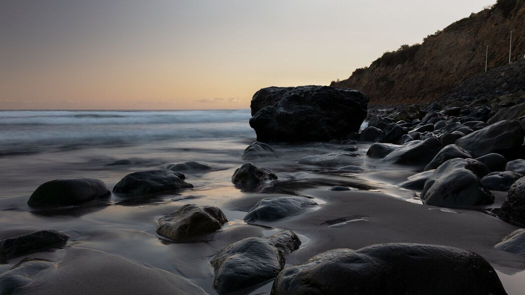 石头 沙子 水 湿 海岸 大海 黄昏 4k壁纸 3840x2160