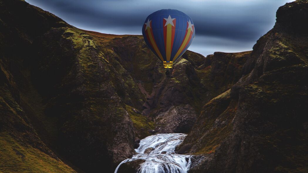 热气球 山脉 岩石 瀑布 4k壁纸 3840x2160