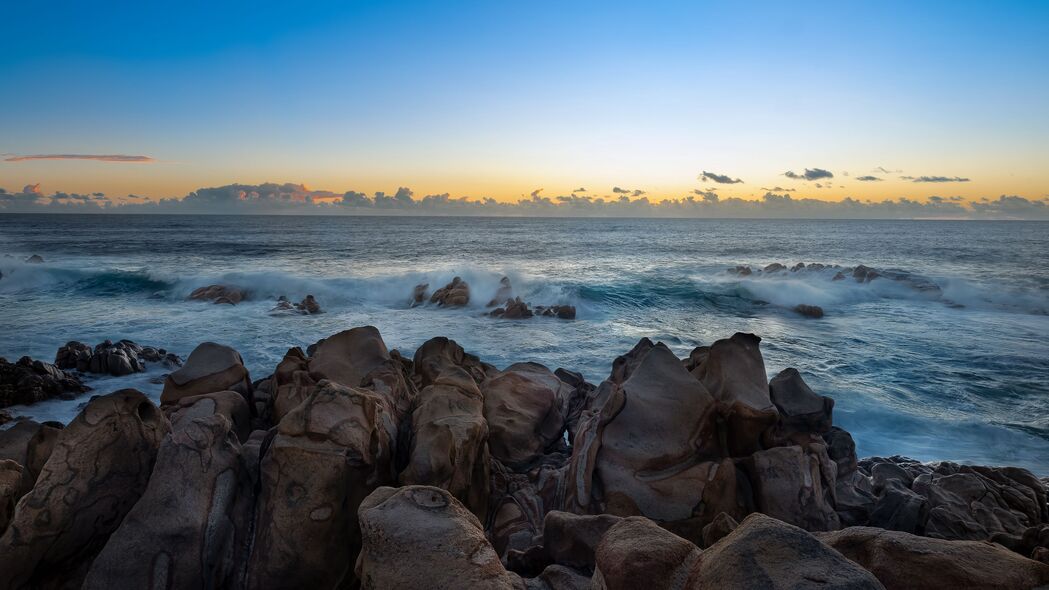 石头 大海 波浪 地平线 自然 日落 4k壁纸 3840x2160
