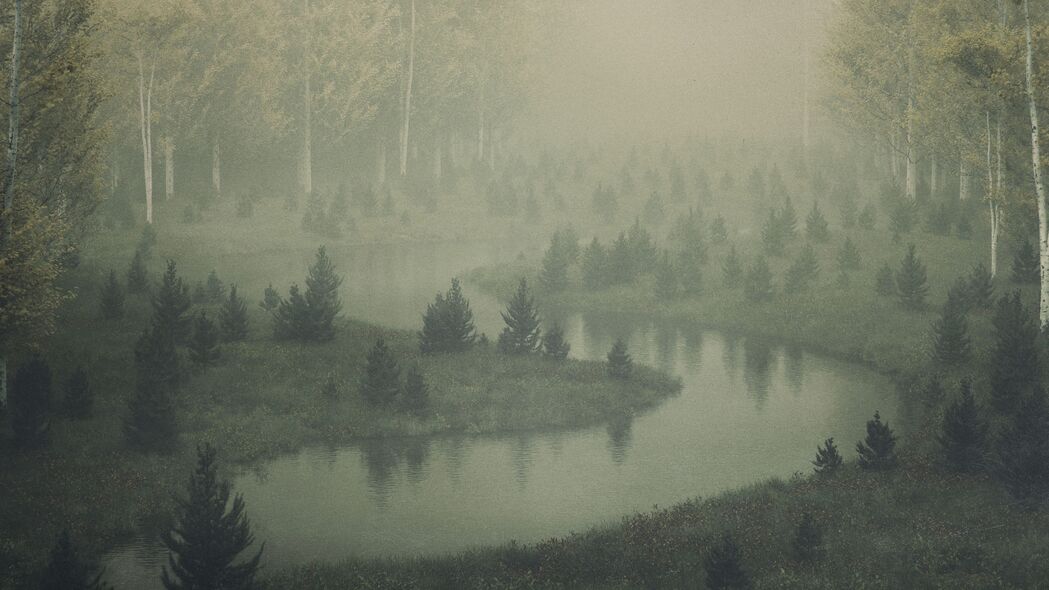 河流 海岸 树木 雾 艺术 4k壁纸 3840x2160