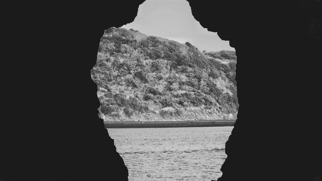 洞穴 大海 山丘 黑白 4k壁纸 3840x2160