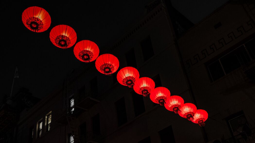 中国灯笼 街道 夜晚 深色 红色 4k壁纸 3840x2160