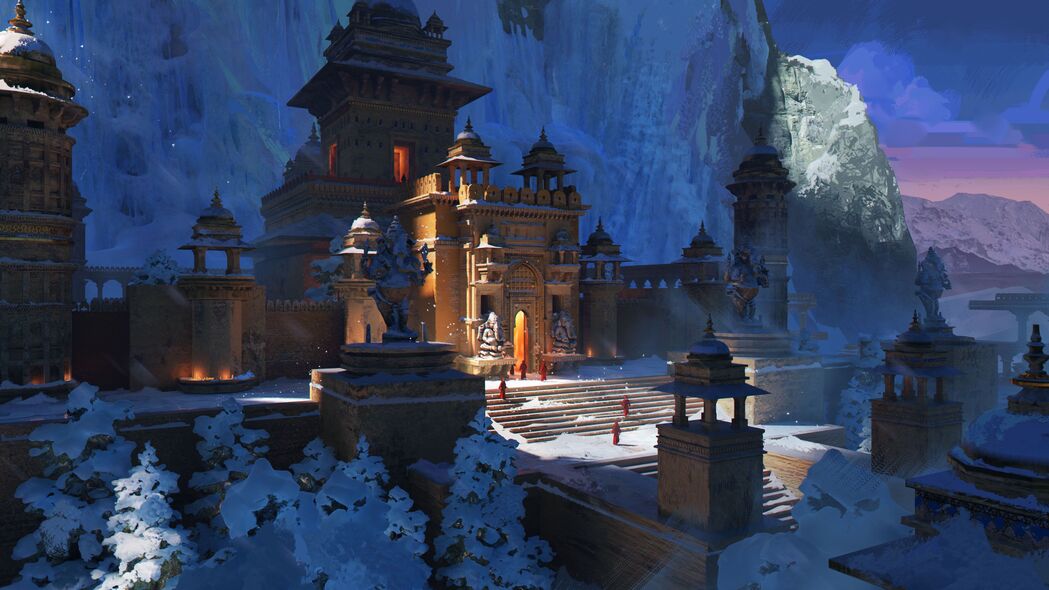 3840x2160 寺庙 人 剪影 雪 艺术壁纸 背景