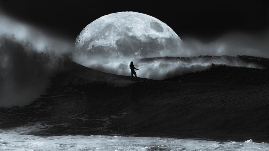 人 冲浪 海洋 海浪 月亮 黑白 4k壁纸 3840x2160