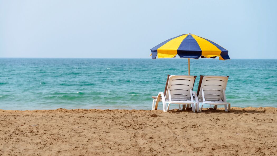 躺椅 伞 海滩 大海 夏天 度假 4k壁纸 3840x2160