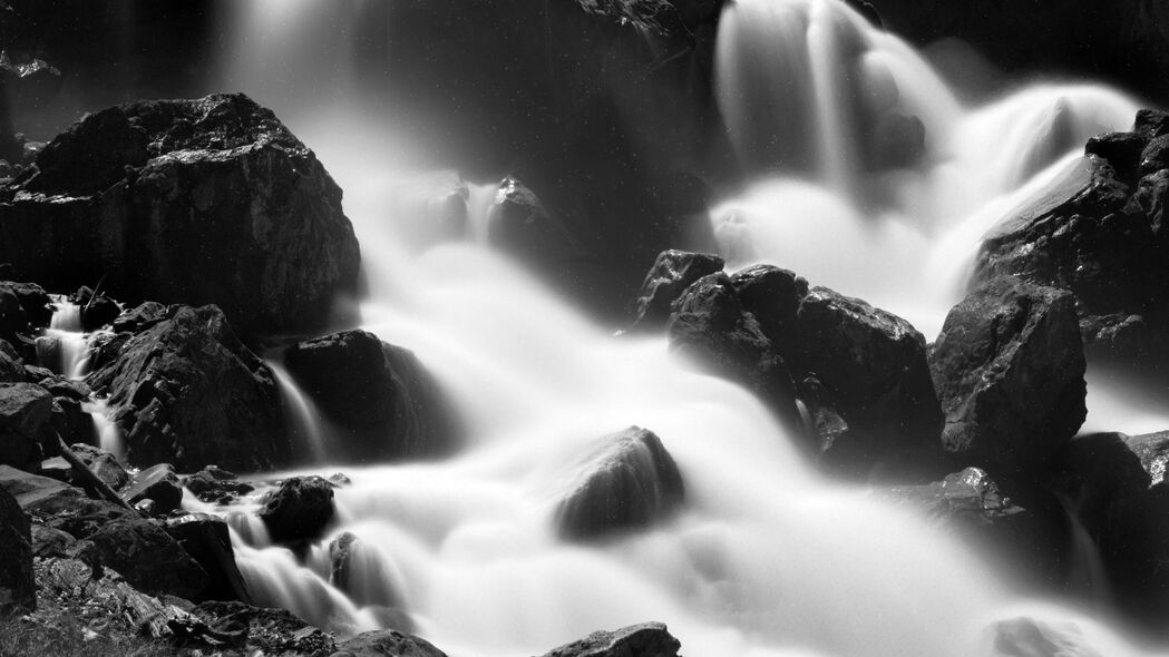 瀑布 石头 水 黑白 自然 4k壁纸 3840x2160