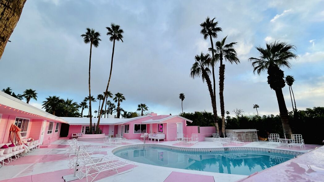 房子 别墅 棕榈树 游泳池 粉红色 4k壁纸 3840x2160