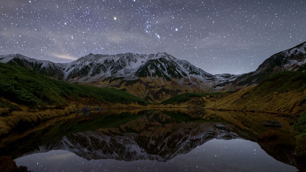 山脉 湖泊 倒影 星星 夜晚 自然 风景 4k壁纸 3840x2160