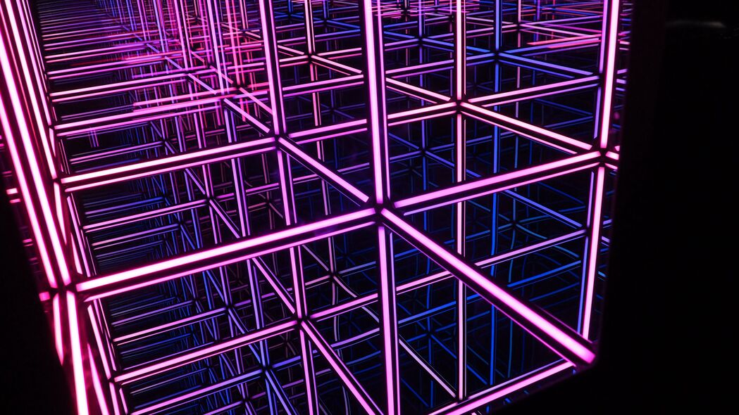 立方体 霓虹灯 光线 反射 紫色 深色 4k壁纸 3840x2160
