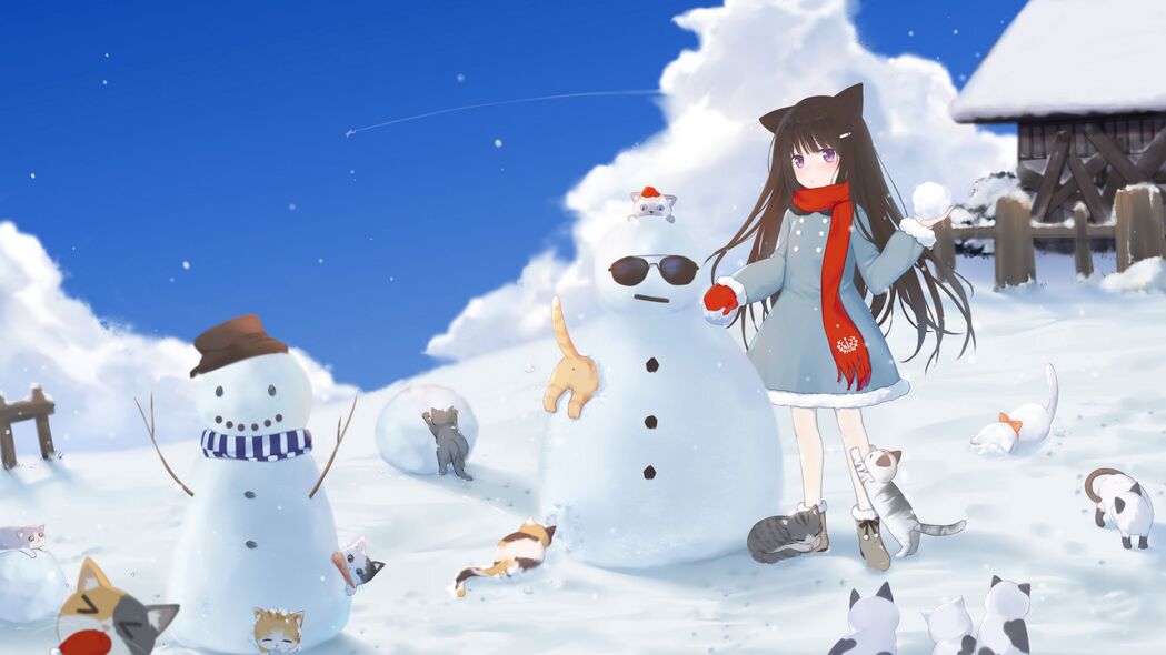 女孩 雪人 猫 雪 冬天 动漫 4k壁纸 3840x2160