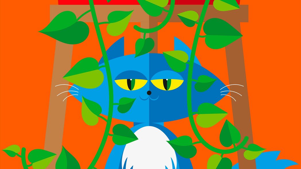 猫 宠物 树叶 植物 矢量 艺术 卡通 明亮的 4k壁纸 3840x2160