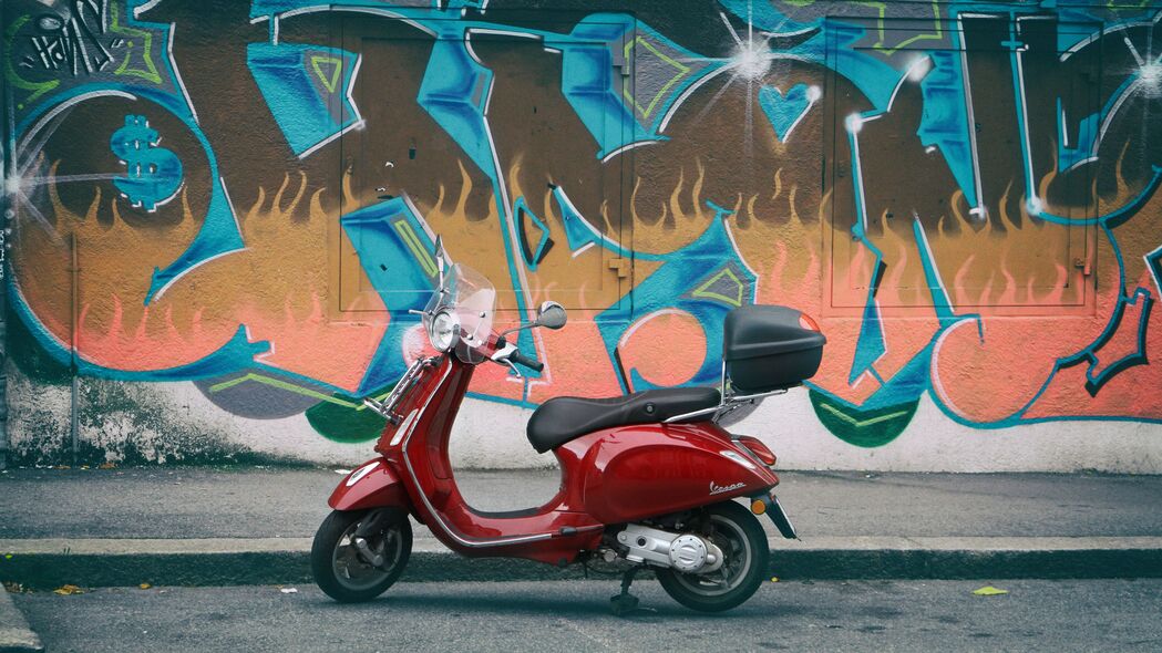 轻便摩托车 红色 墙壁 涂鸦 4k壁纸 3840x2160