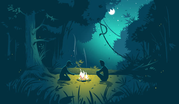 卡通背景两个生火的人物月光森林
