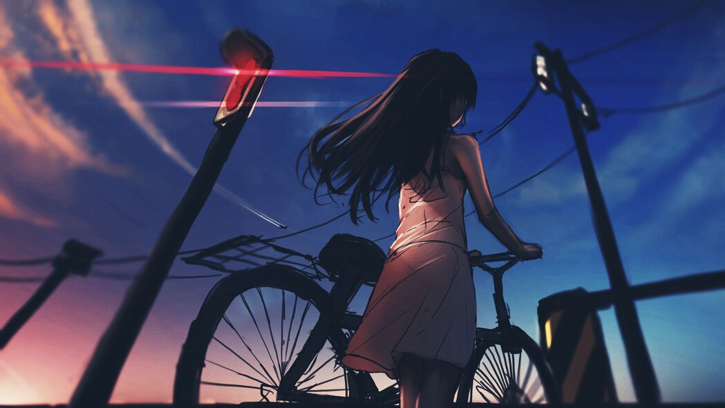 女孩 自行车 黄昏 动漫 艺术 4k壁纸 3840x2160