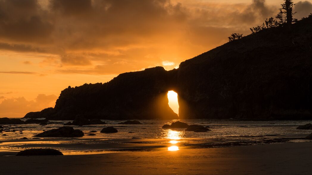 海岸 水 岩石 太阳 日落 深色 4k壁纸 3840x2160