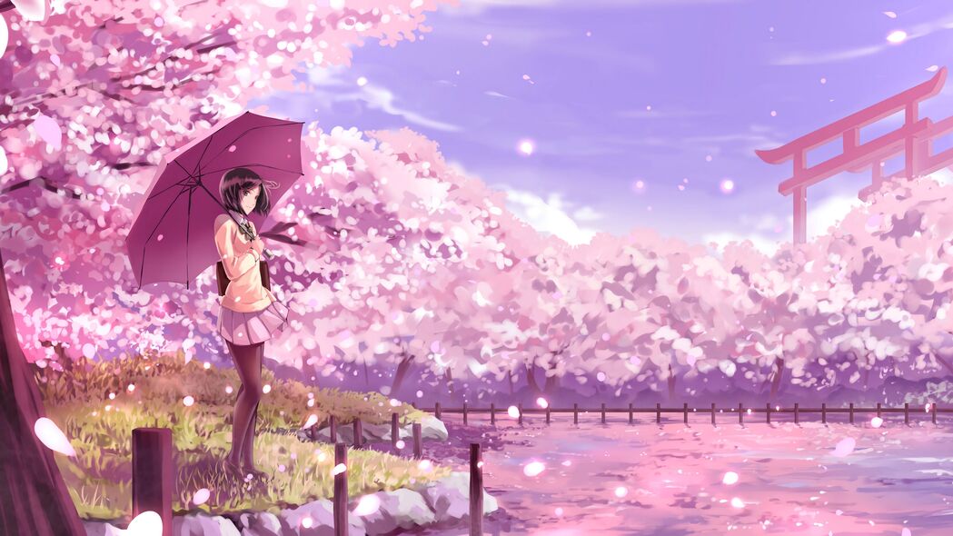 女孩 雨伞 樱花 动漫 艺术 卡通 4k壁纸 3840x2160
