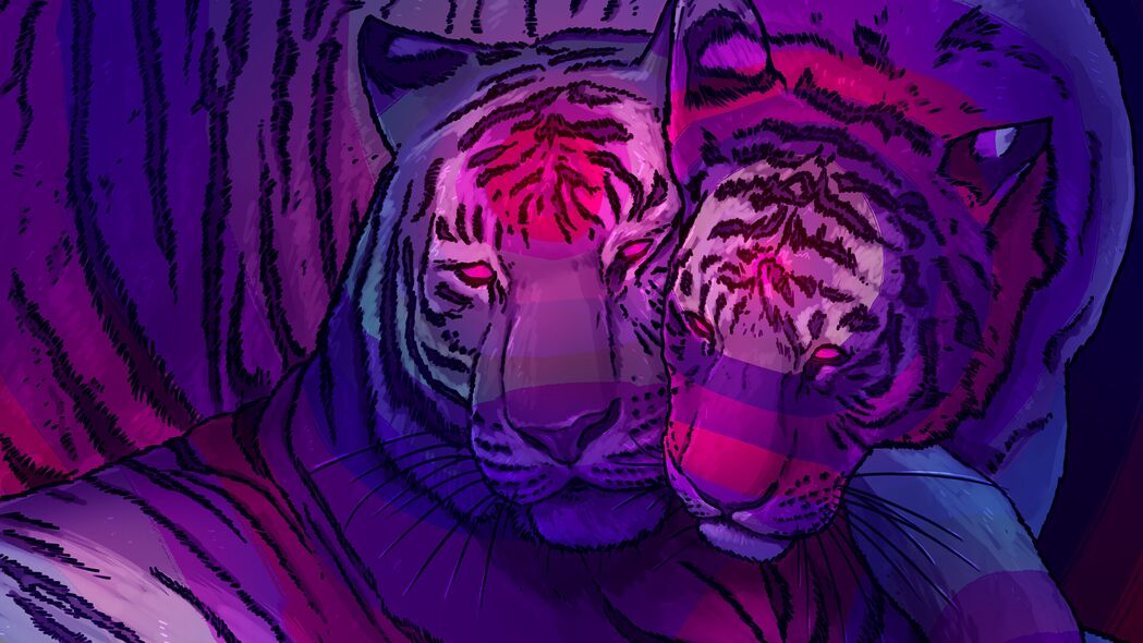 老虎 情侣 捕食者 艺术 紫色 4k壁纸 3840x2160