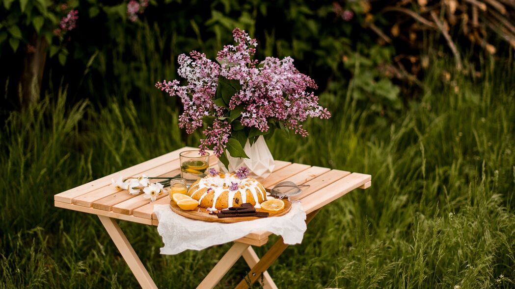 桌子 花束 甜点 野餐 自然 4k壁纸 3840x2160