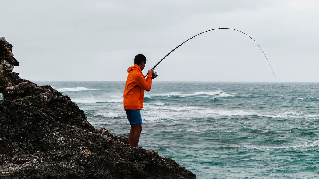 钓鱼 渔夫 男孩 鱼竿 岩石 海洋 4k壁纸 3840x2160