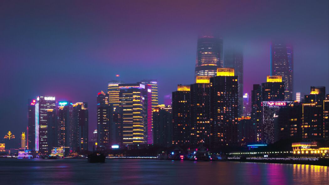 城市 夜城 建筑 水 紫色 4k壁纸 3840x2160