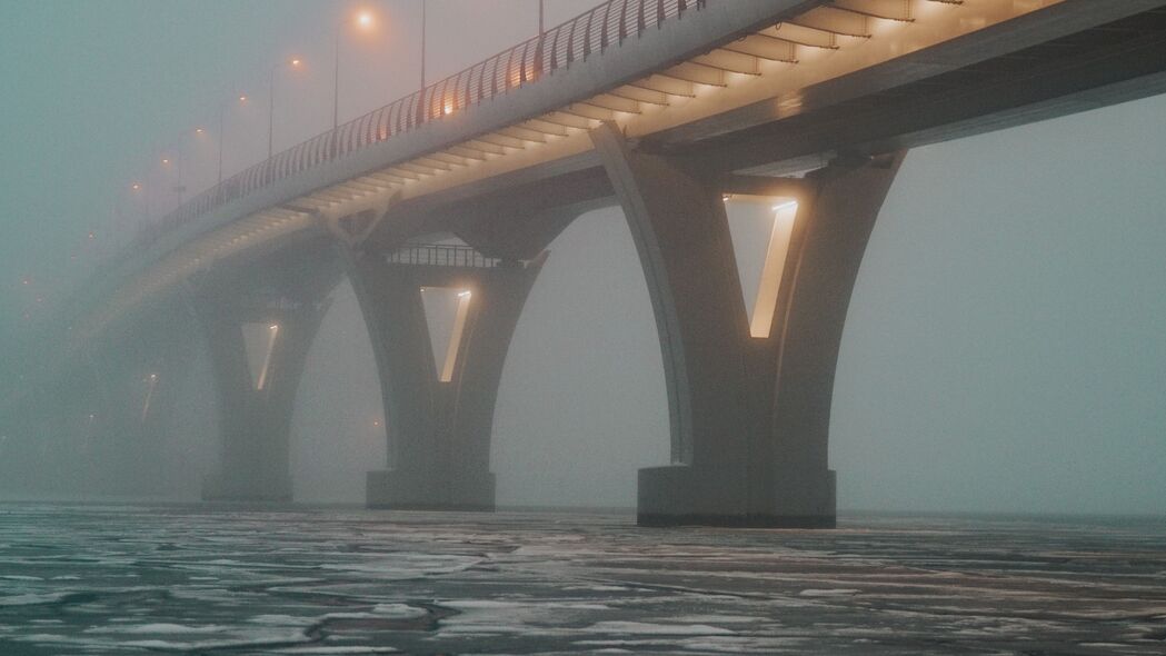 大桥 雾 冰 裂缝 灯光 4k壁纸 3840x2160