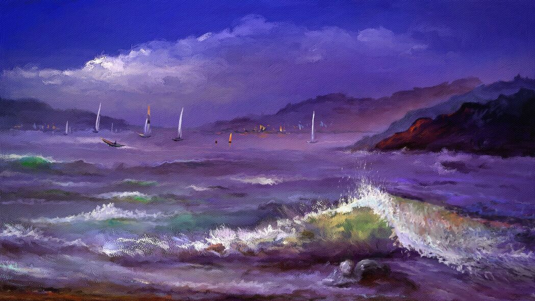 大海 海浪 帆船 画布 艺术 4k壁纸 3840x2160