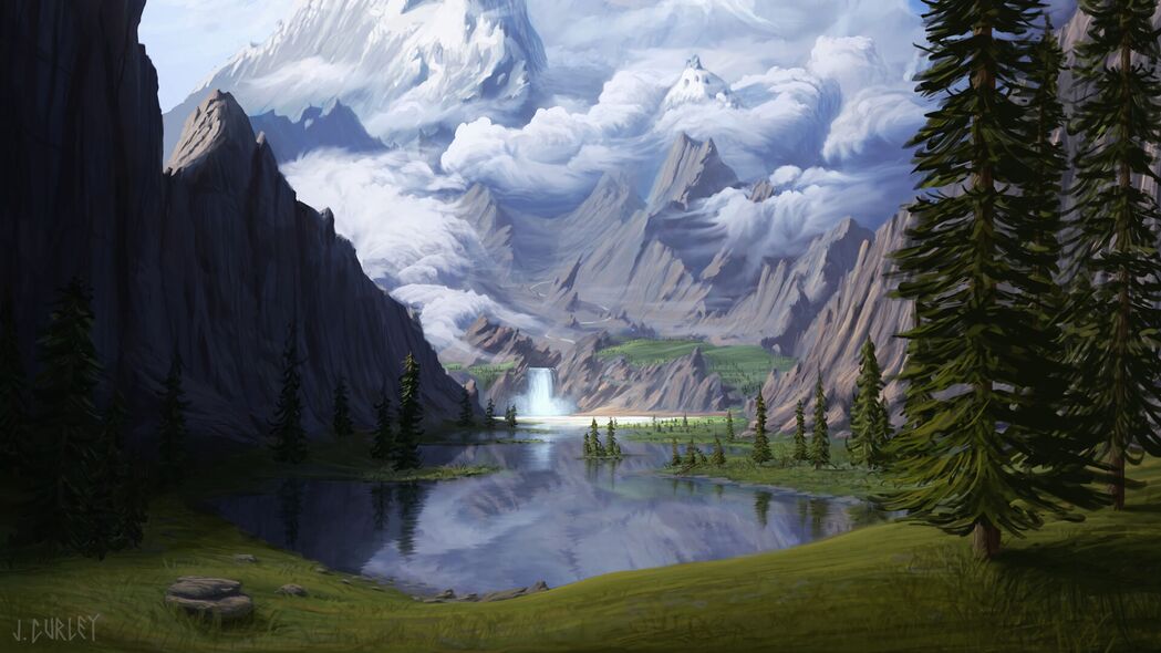 山脉 湖泊 瀑布 林地 森林 艺术 4k壁纸 3840x2160