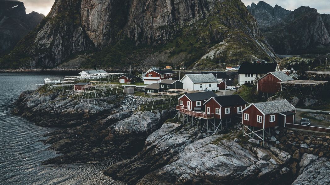 岛 岩石 房子 海岸 村庄 挪威 4k壁纸 3840x2160