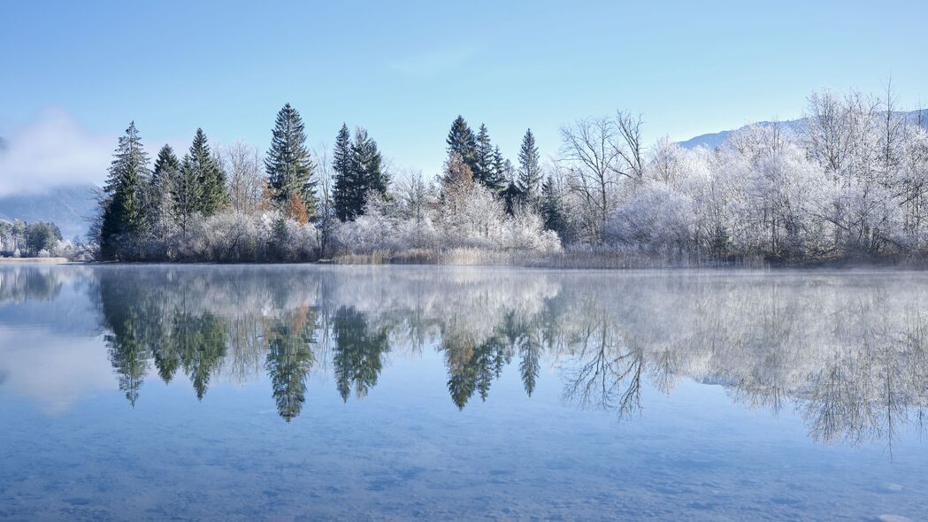 湖泊 树木 雪 反射 景观 冬季 4k壁纸 3840x2160